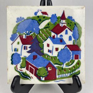 Vintage Wheeling Cushion Hand Painted Rural Village Scene 6" Square Tile Trivet